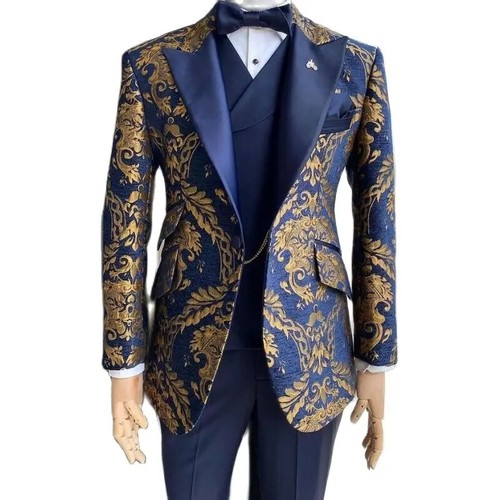 Suits Men Wedding Navy Blue Gold Gentleman Jacket Vest Pant 3 Piece Male Costume - Picture 13 of 24