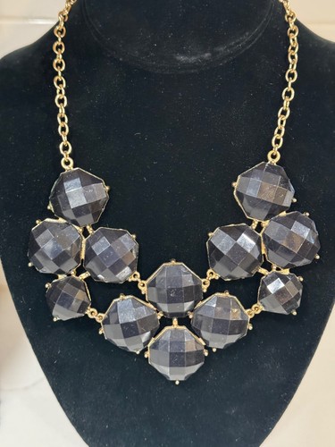 Bib Statement Necklace - 14-17" - GT Chain with Black Faceted Cabs - Picture 2 of 3