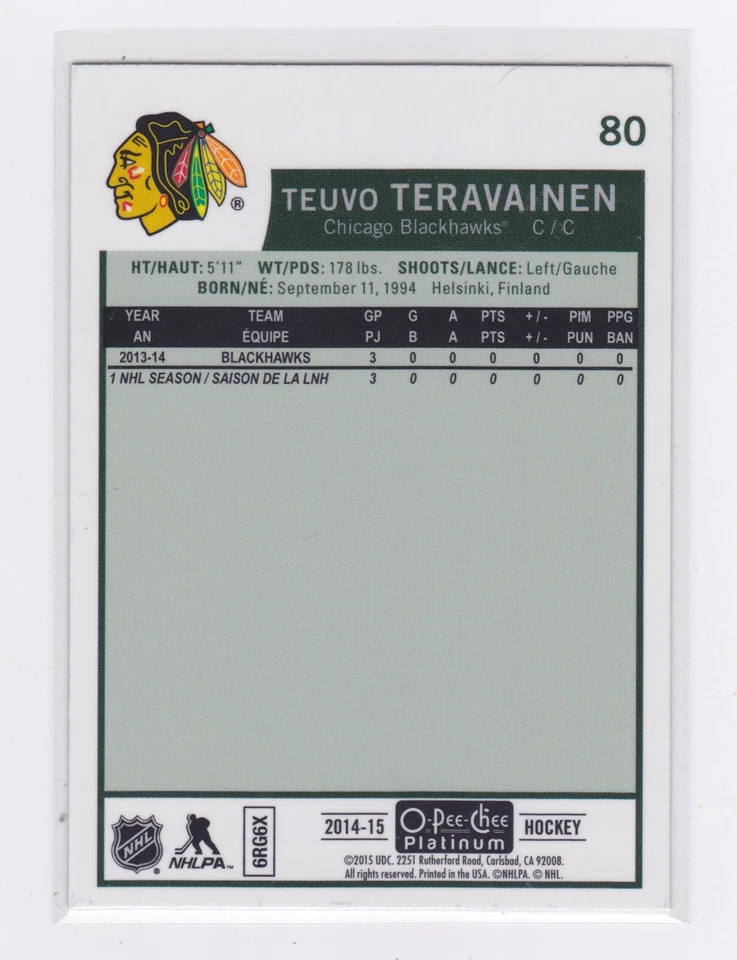 2014-15 O-Pee-Chee Platinum -Retro -Standard - Teuvo Teravainen RC - #80 - Image 2 of 2