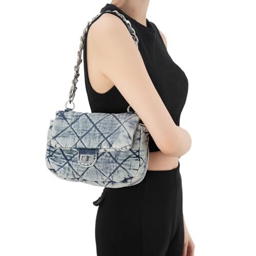 Retro Quilted Denim Purses for Women Checkered Denim Bag w/Chain straps,Over - Picture 8 of 11