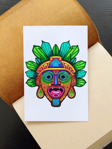 Ritual Mask Drawing Unframed Hand-Colored Ethnic Mask - Picture 2 of 2