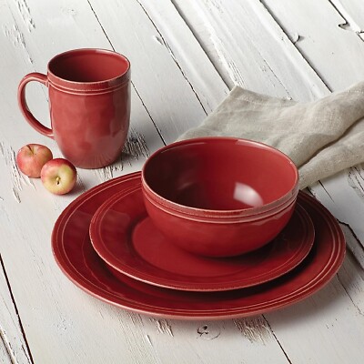 Red Dinnerware Set Stoneware Round 16 Piece Dinner Plate Bowl