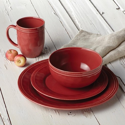 Dinnerware Set Red Stoneware Round 16 Piece Dinner Plate Bowl Mug Family Service