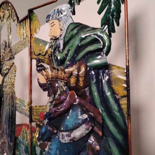 Vintage Folk-Art Nativity Punched Tin Metal Screen Hand-Painted 30" Wide - Picture 8 of 17