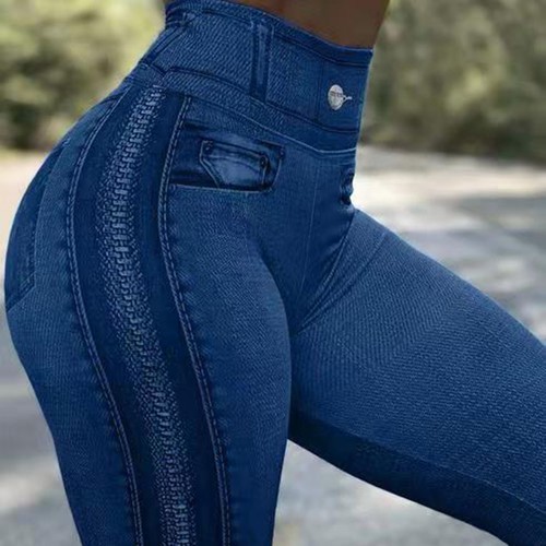 Women Stretchy Faux Denim Jeans High Waist Skinny Pencil Pants Push Up Leggings - Picture 3 of 35