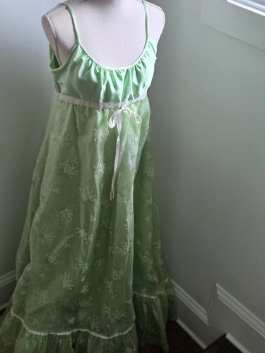 Maxi Vestido Vintage Verde Flocado Margarita Imperio Cintura Hecho a Mano Años 60 70 - Imagen 2 de 17