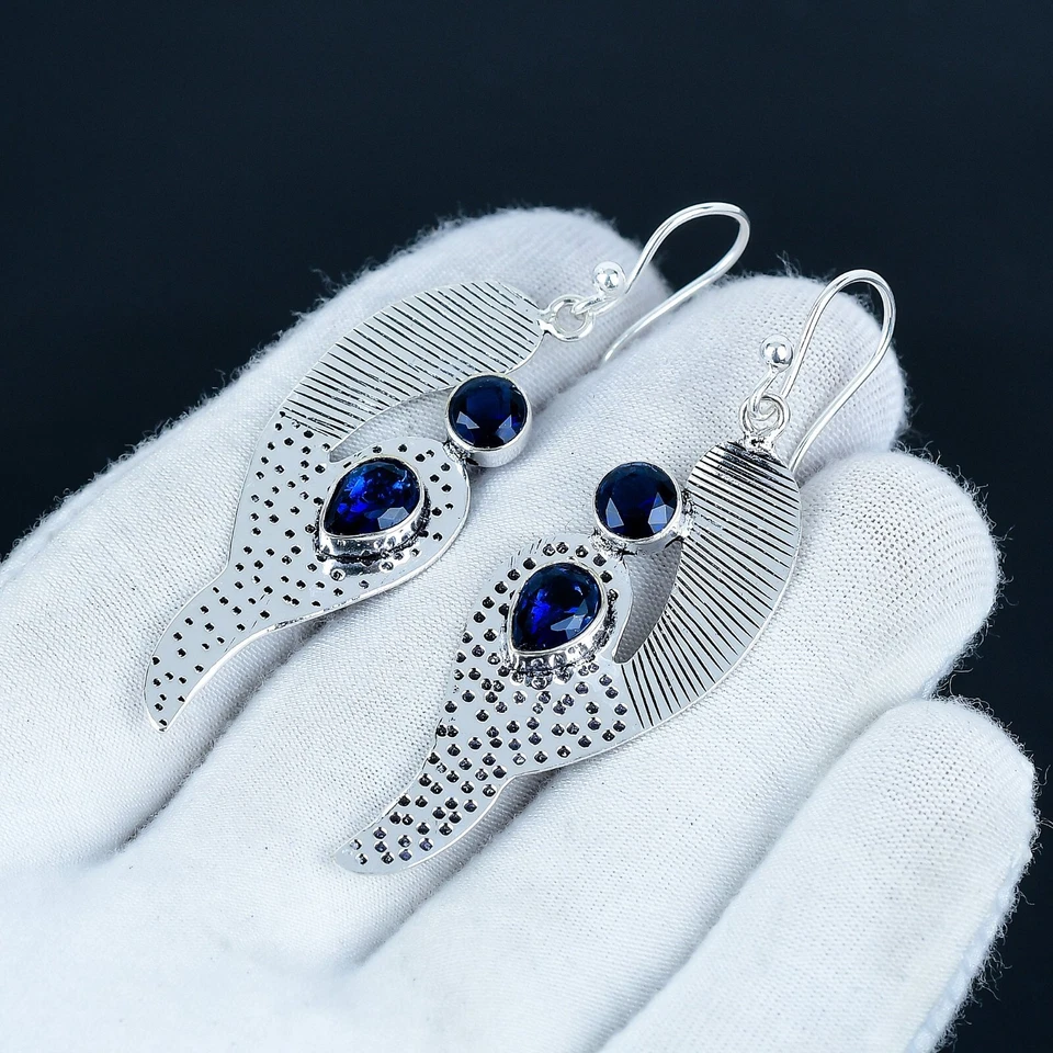 Zaffiro Blu Gemma Orecchini 925 Argento Sterling Mano Gioielli Regalo Moglie - Immagine 3 di 4