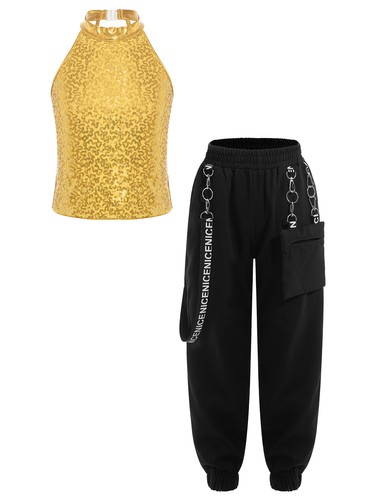 Kids Girls Tracksuit Metal Chain Sets Halter Outfit Shiny Pants Trousers 2Pcs - Picture 16 of 63
