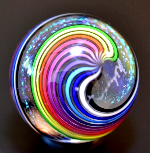 JAMES ALLOWAY GLASS MARBLE/1.273"-RAINBOW/ZEBRA DICHROIC SWIRL #3157-TURQ,ROSE+ - Picture 8 of 10