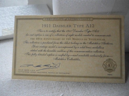 1911 DAIMLER A12 MATCHBOX 40th ANNIVERSARY BOXED + COA MODELS of YESTERYEAR - Picture 2 of 4