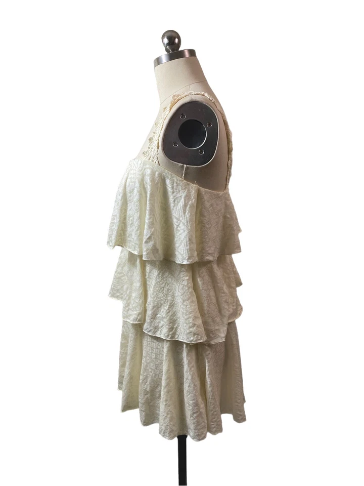 Top túnica boho testament para mujer XS marfil ojales sin mangas con volantes forrados en capas Foto 3 de 4