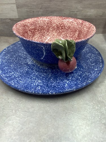 Vintage Art Pottery Radish Embellished Bowl Saucer Set Majolica By Leslie Kanter - 第 7/18 張圖片