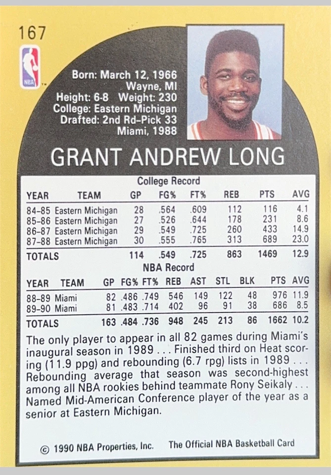 Tarjeta coleccionable de baloncesto 1990-91 NBA HOOPS Grant Long #167 Miami Heat Foto 2 de 2
