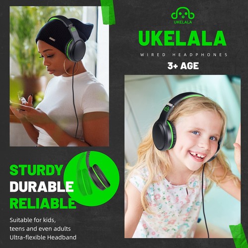 UKELALA Cuffie Cablate Verde per Ragazzi Cuffie Portatili On Ear Giovani per... - Foto 4 di 7