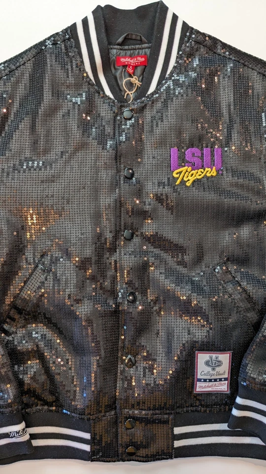 Chaqueta Bomber Mitchell & Ness College Vault LSU Tigers Para Mujer Lentejuelas Grandes Nueva con Etiquetas Foto 2 de 4