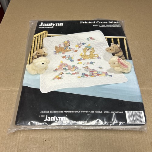 NEW! 1990 JANLYNN PRINTED CROSS STITCH 34" x 43" HAPPY TIME ANIMALS QUILT 201-54