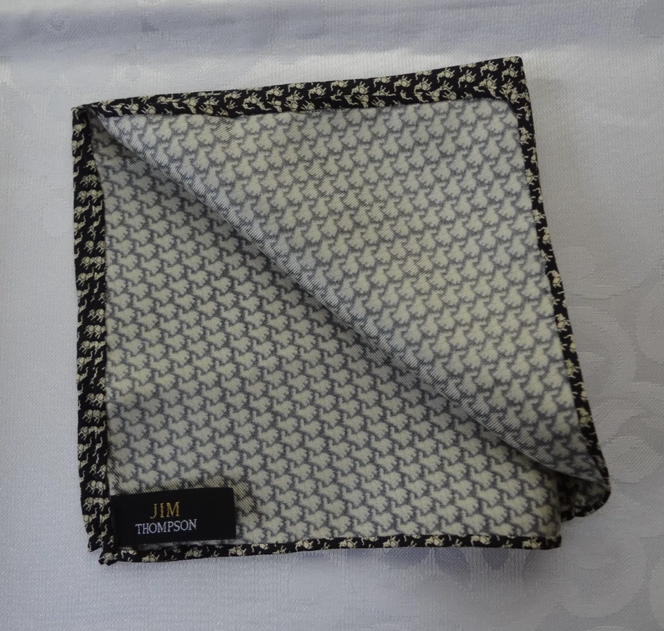 Vintage NWOT Jim Thompson Black Silk Elephant Pattern Pocket Square Handkerchief - Image 3 of 4