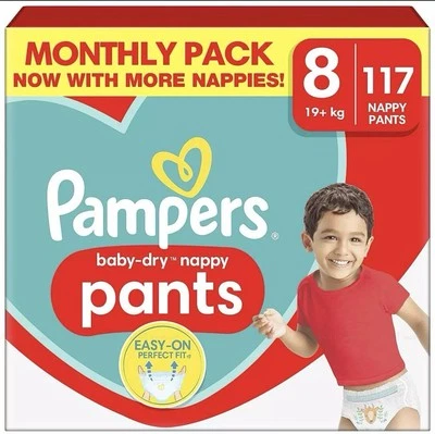 Pampers Baby Dry Size8 Diaper Pants 19+kg Stretchy Large Monthly Pack 117Nappies
