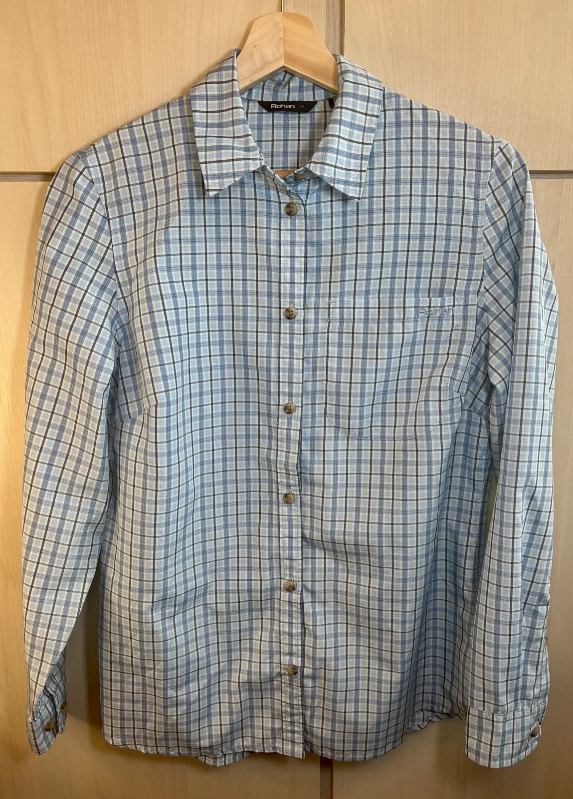 Ladies Rohan Blue White Checked Shirt Size 10 Long Sleeved Sun Protection Hiking