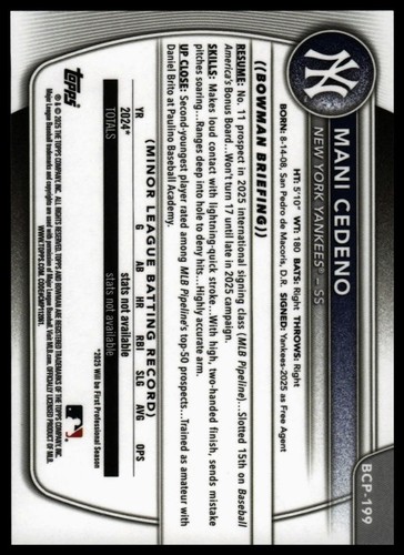 2025 Bowman Chrome #BCP-199 Mani Cedeno Prospects Reptilian Blue /150 - Picture 2 of 2