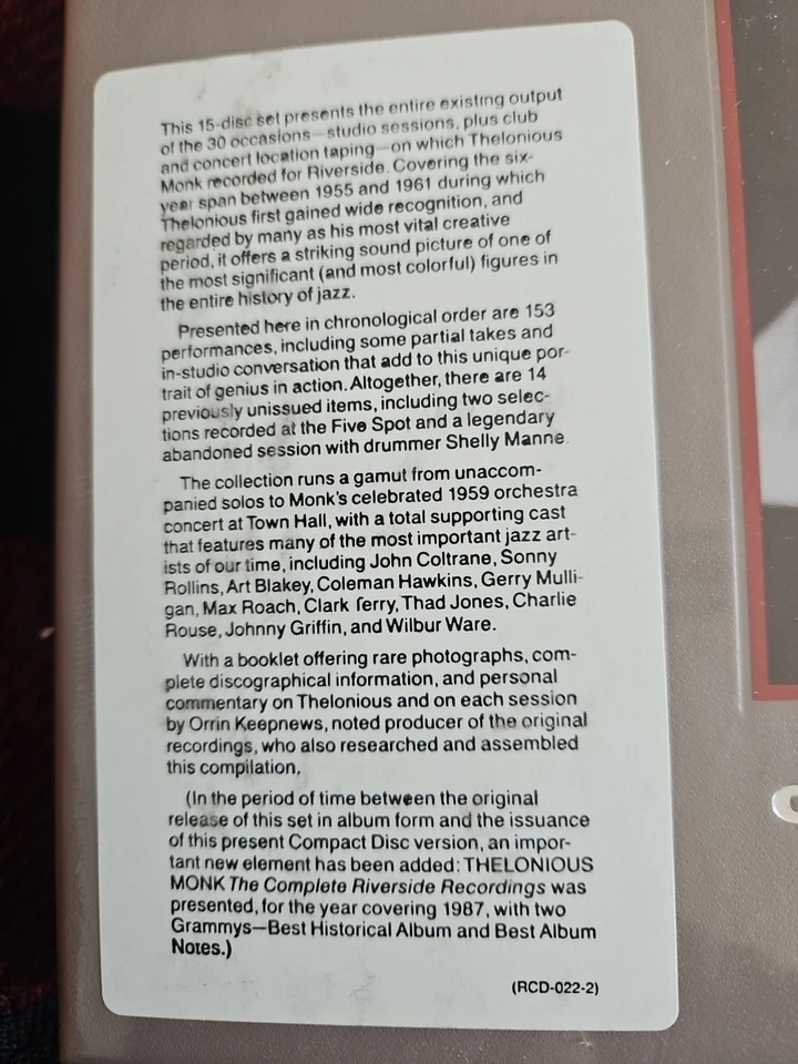 THELONIOUS MONK / COMPLETE RIVERSIDE RECORDINGS *RARE STILL SEALED 15CD BOXSET - Image 2 of 4