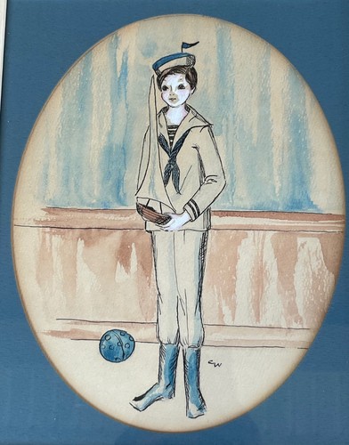 Vintage Original Watercolor Boy with Sailboat Framed - Picture 2 of 4