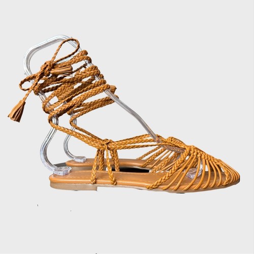 Anthropologie Women's 37 US 6.5-7 Flat Camel Tan Braided Tie Gladiator Sandals - Picture 5 of 14