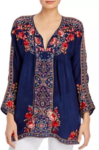 Johnny Was Alora All-over Floral Embroidery Navy Blue 3/4 Sleeve Tunic Blouse LG