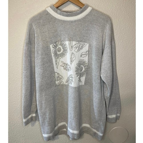 VTG Enrika Knit Boho Grandma Core Floral Moc Neck Summer Sweater Gray Large