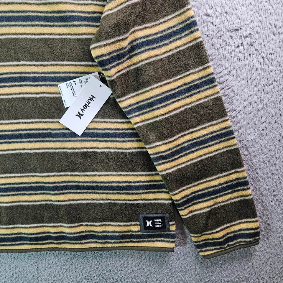 NUEVO Suéter Hurley Polar Hombres Pequeño 1/4 Cremallera Pullover Verde Oliva Amarillo Rayas Foto 2 de 4