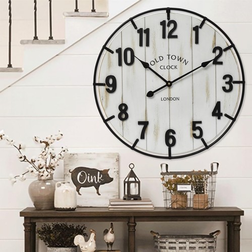 Large Old Town Farmhouse Wall Clock – 24 Inches Rustic Antique Wood with Meta... - Picture 1 of 7