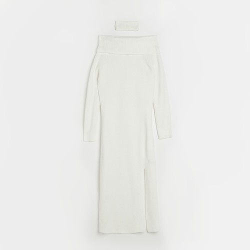 River Island Womens Bodycon Midi Dress Cream Knit Bardot Long Sleeve Choker - Picture 8 of 9