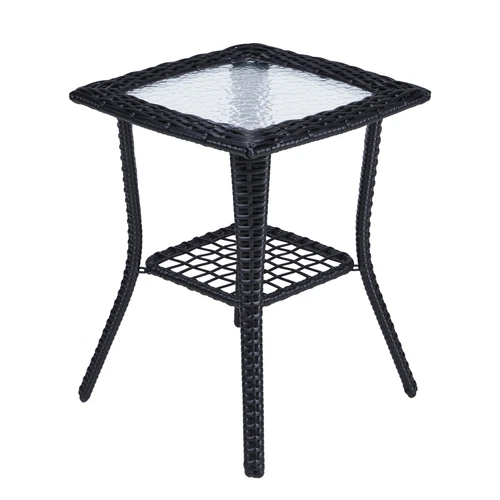 Outdoor Wicker Side Table Rattan End Table with Glass Top for Patio Black - Picture 5 of 12