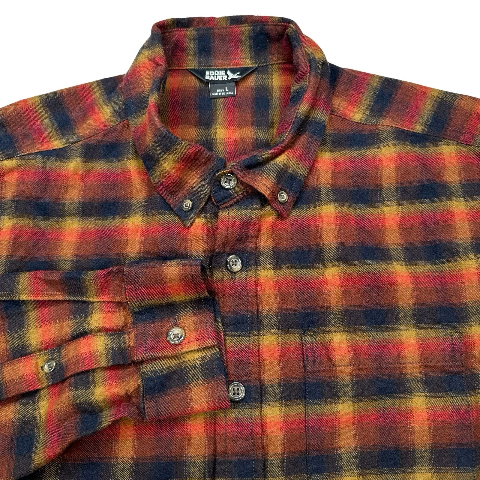 Eddie Bauer Flannel Shirt Mens L Navy/Rust Plaid 100% Cotton Button Down 0408