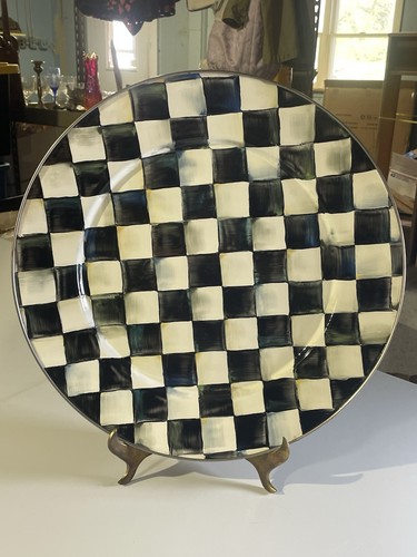 Plato de servir esmaltado de 16" Mackenzie Childs 1995 a cuadros cortesanos usado en excelente estado
