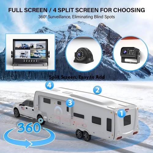 Car Backup Cameras System with 9'' Quad Split Monitor for RV Trailer Semi Tru... - Picture 3 of 7