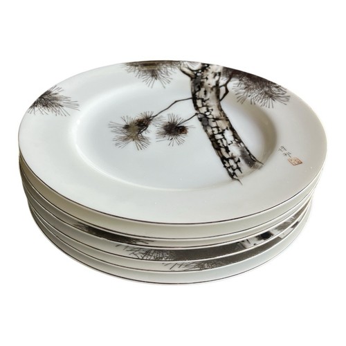 Vintage 1950’s Japanese Desert Plates Bon Tokyo Pinecones Trees Silver Set Of 6 - Picture 2 of 7