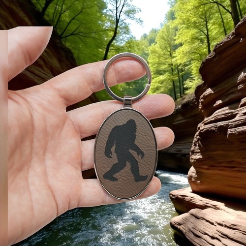 Keychain - Oval/Metal - Bigfoot Sasquatch - Leather - Picture 7 of 15