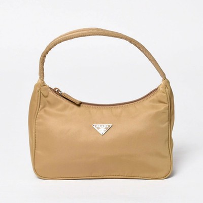 PRADA Hobo One Shoulder Bag MV515 Nylon Beige Triangle Logo Vintage 4a000163