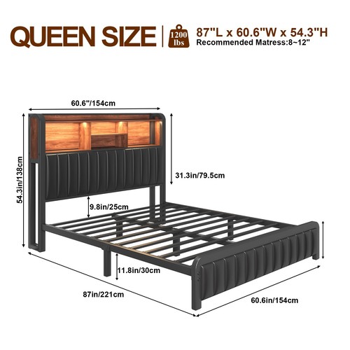 PU Leather Full Queen Bed Frame 54.3" Tall with Storage Headboard and LED Lights - Picture 3 of 13