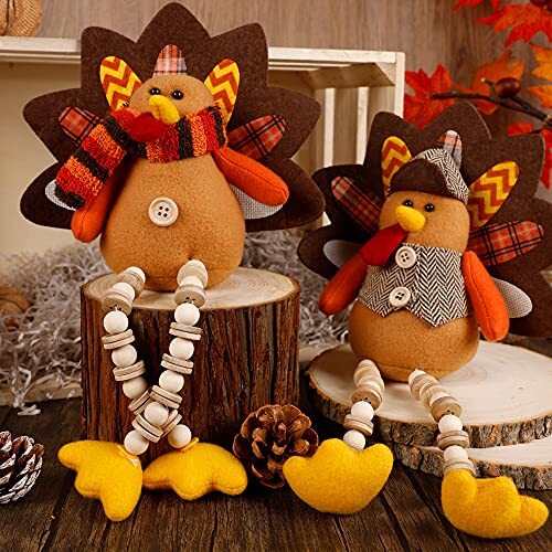 Thanksgiving Decoration Tabletop Standing Turkey Couple with Dangling Legs, 2...