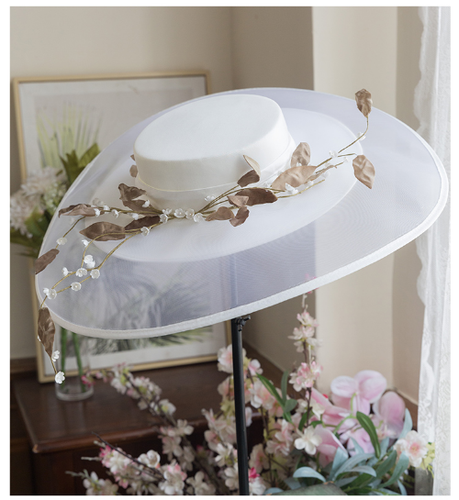 Waldstil Blätter Hochzeit Hut breite Netzkrempe Braut Hut Fedora Cocktail Kirche - Bild 11 von 17