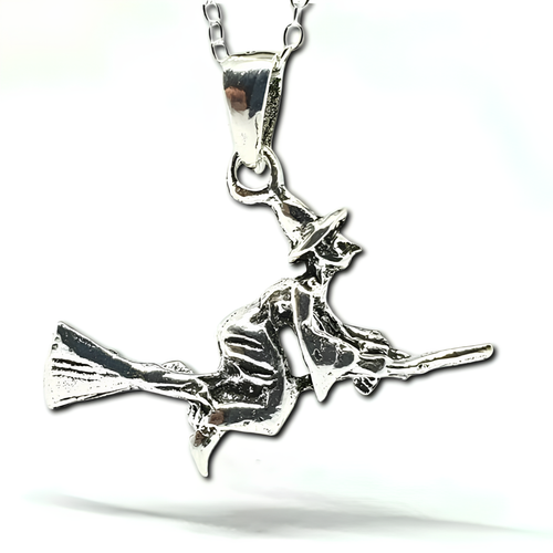 Fliegende Hexe Anhänger 925 Sterling Silber Besenstiel Hexenschmuck und Box - Bild 1 von 12