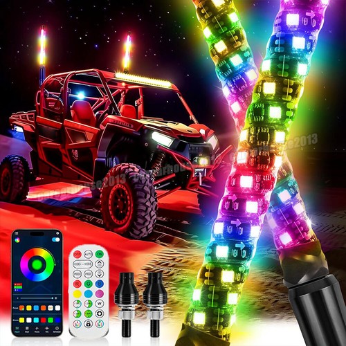 2PCS 2FT Spiral LED Fat Whip Light Antenna RGB Chasing For Cam-am X3 RZR UTV ATV - Picture 1 of 17