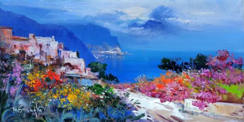 AMALFITAN COAST PAINTING TOWARDS AMAL FI ORIGINAL SMERAGLIA ITALIAN PAINTER ART - Picture 2 of 11