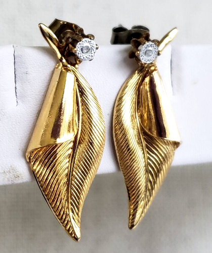 Vtg Convertible Diamond Chip 3/16" Stud & Leaf GoldTone Pierced Earrings 1-5/16" - Picture 3 of 9