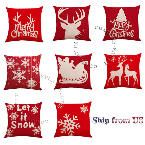 Christmas Pillow Cushion Cover Linen Sofa Throw Home Decor Santa Gift Pair Order
