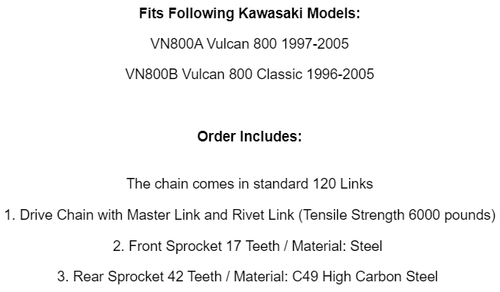 Drive Chain & Sprockets Fits KAWASAKI VN800A VN800B Vulcan 800 Classic 1996-05 - Picture 8 of 8