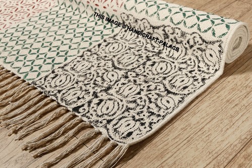 3 X 5 ft Off White Cotton Kashish Block Print Area Accent Dhurrie Rug Handmade - Picture 3 of 3