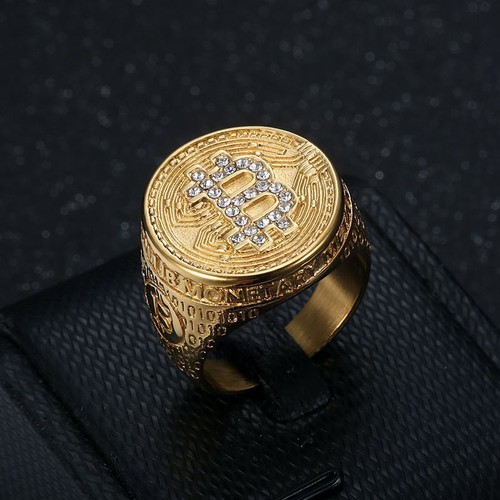 Iced Out Bitcoin Symbol Ring Stainless Steel Plated Gold Men Hip Hop Size 7-13 - Picture 3 of 8